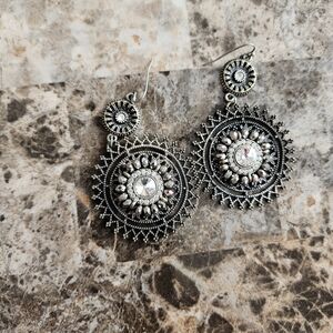 Silver Filigree Crystal Drop Earrings - Women Jewelry